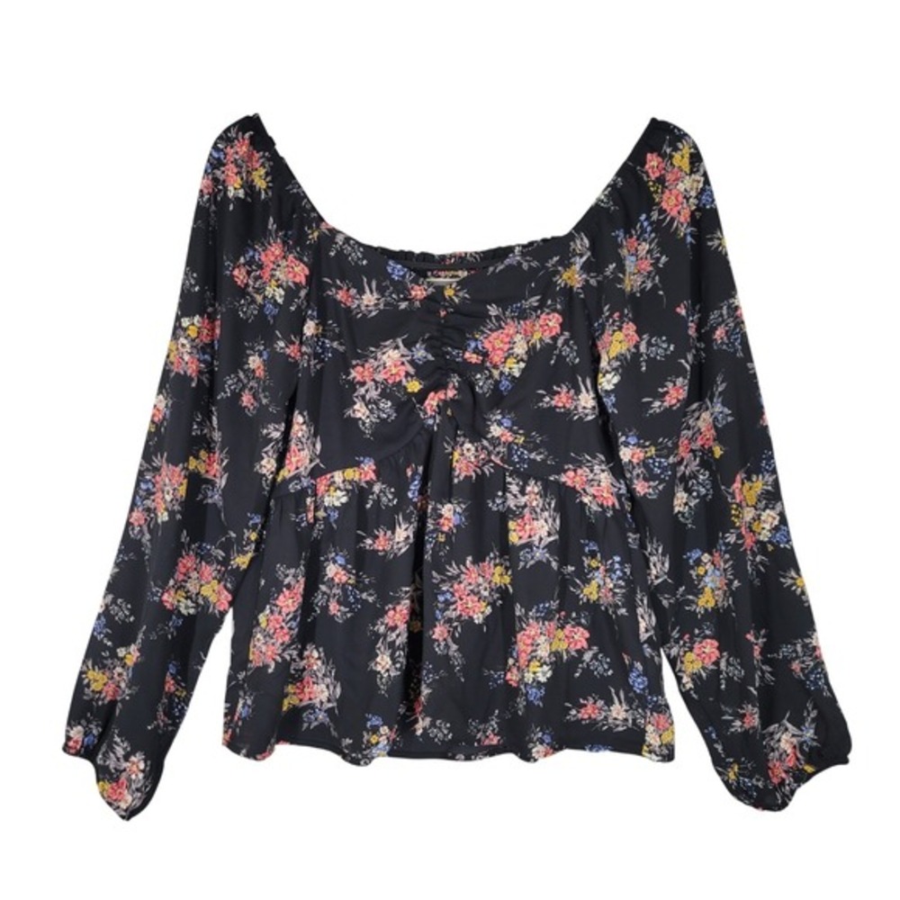 Pleione Floral Blouse Womens XS Black Babydoll Smocked Back Ruched Boho Milkmaid